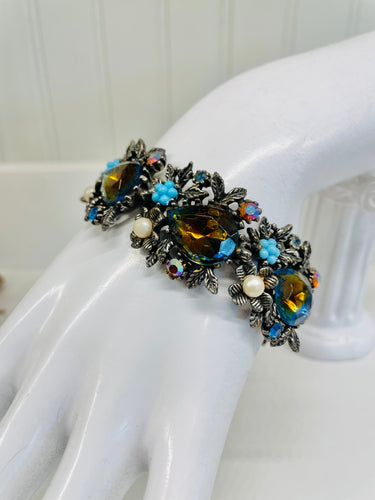 Blue Glass Pear and AB Rhinestone Flower Bracelet Jewelry Bloomers and Frocks